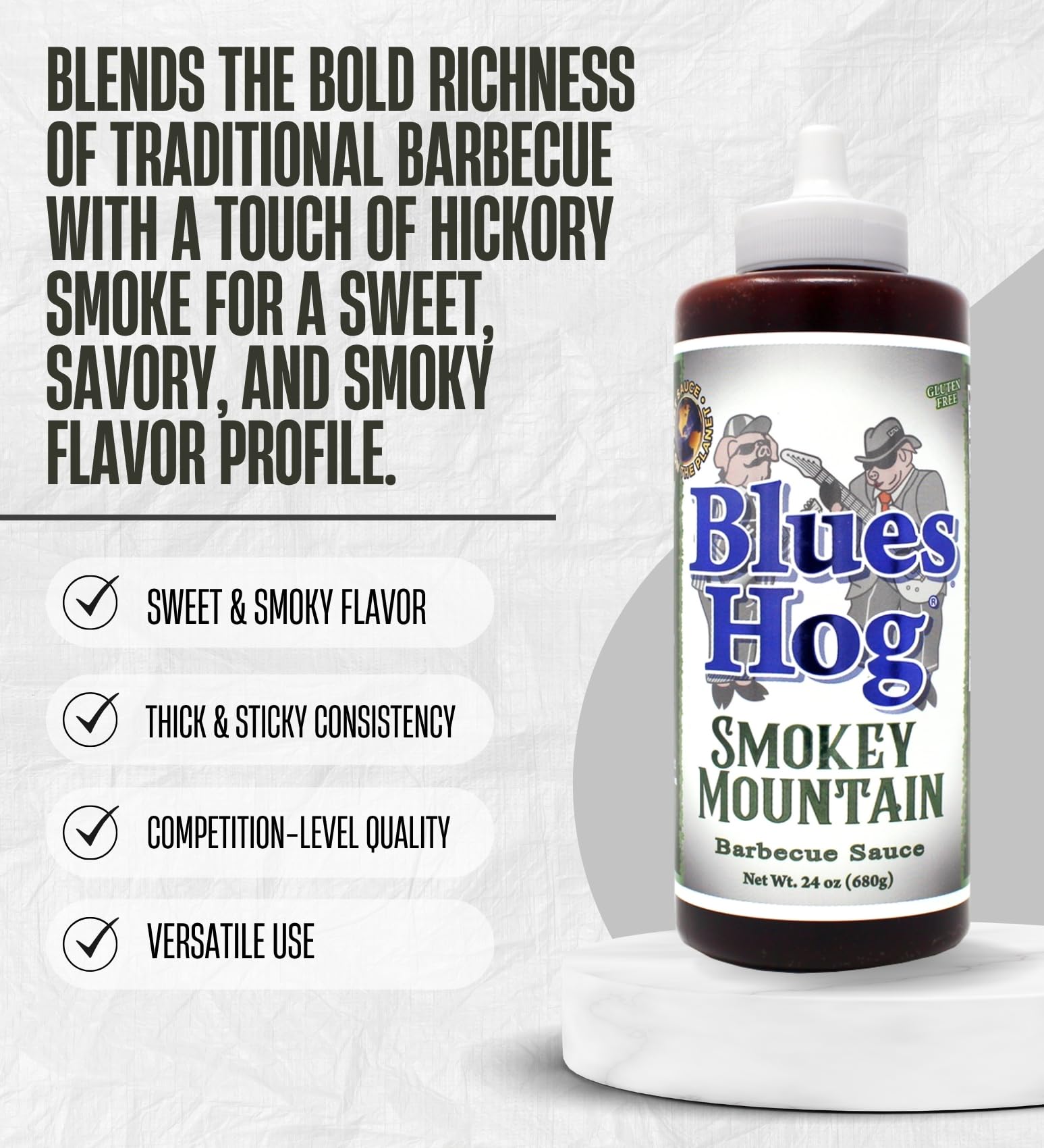 2x Blues Hog BBQ Sauce Smokey Mountain 24 oz Bundle with Flat Chip Brush - Hickory-Smoked Basting and Finishing Sauce for Meats and Sides - Gift Set