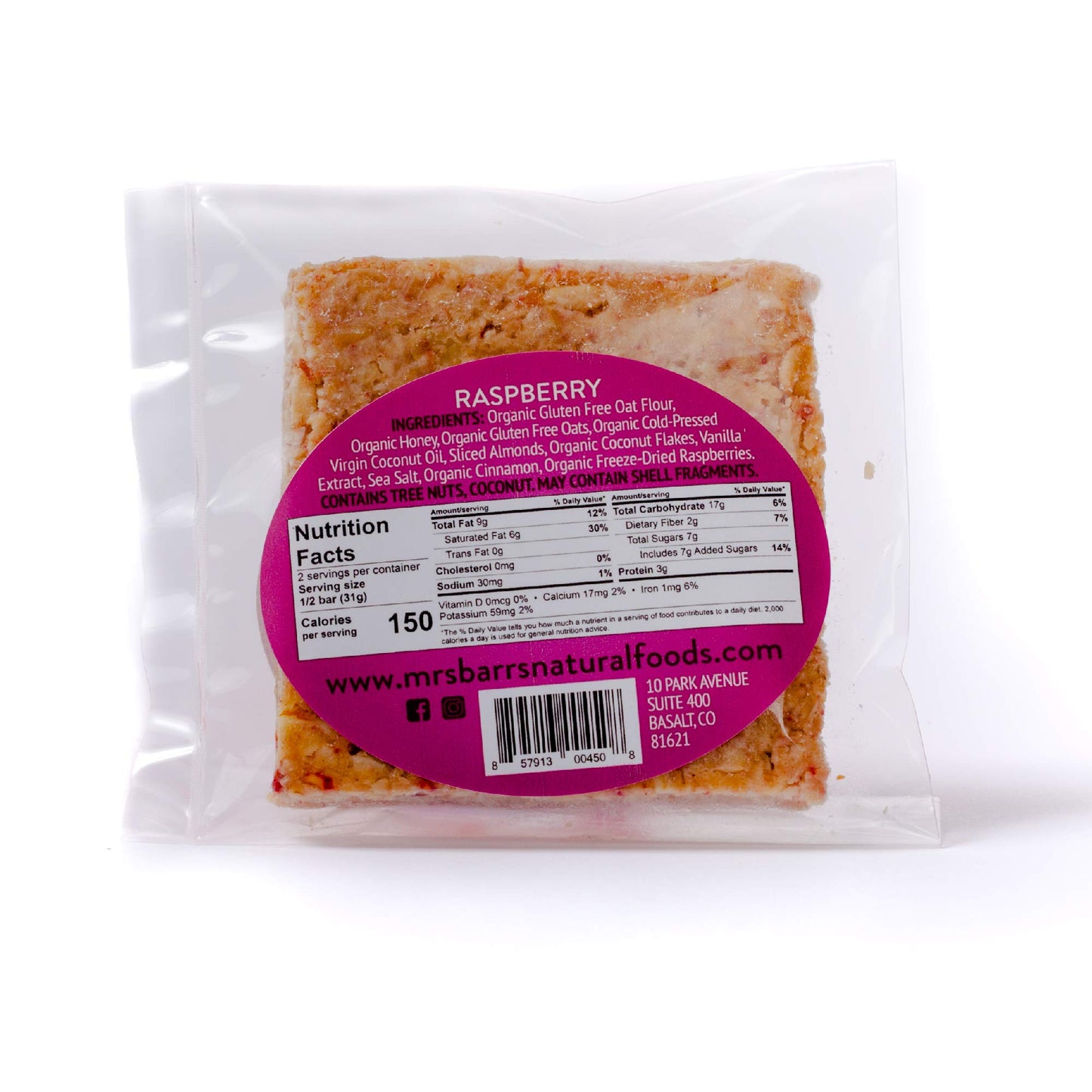 Mrs. Barr’s Natural Foods Granola Bars | Honey Raspberry | Certified Organic Gluten Free Oats | Soft Texture | Small Batch | Gourmet Quality | Real