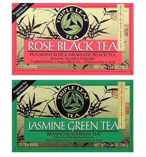 Triple Leaf Tea 2 Flavor Variety Bundle: (1) Rose Black, and (1) Jasmine Green (20 Count)