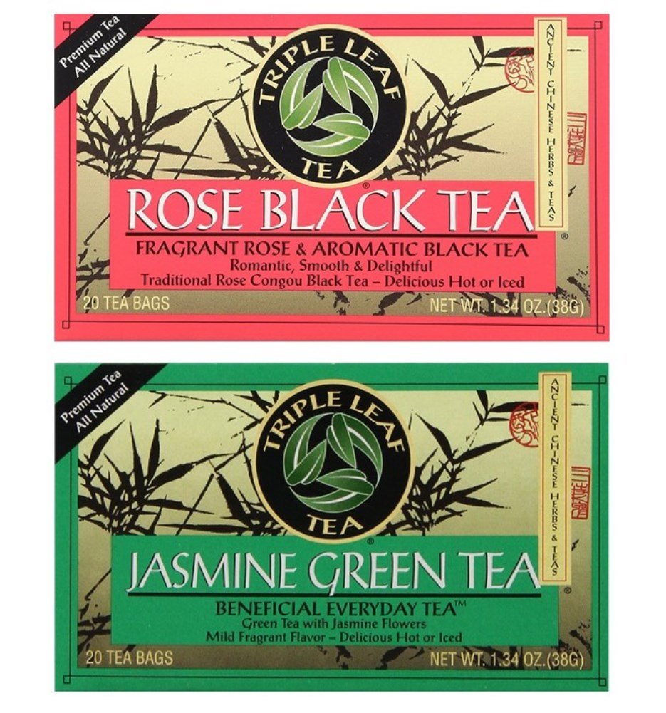 Triple Leaf Tea 2 Flavor Variety Bundle: (1) Rose Black, and (1) Jasmine Green (20 Count)