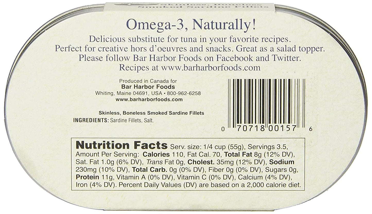 Bar Harbor Skinless & Boneless Smoked Sardine Fillets, 6.7 oz (190g) | Naturally Wood Smoked | Excellent Source of Protein | EZ-Open BPA-NI Can |