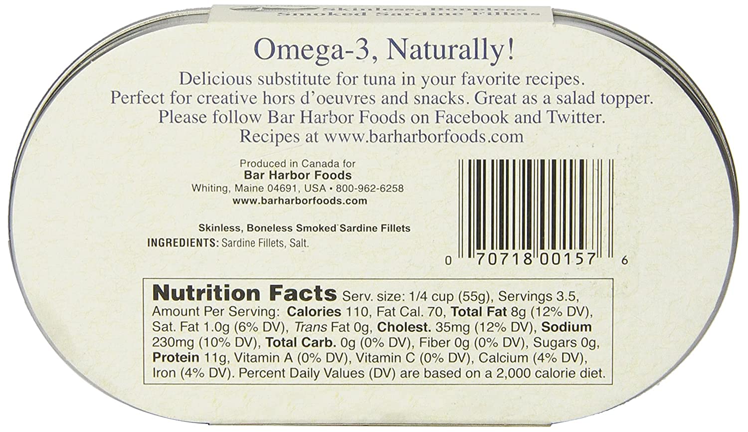 Bar Harbor Skinless & Boneless Smoked Sardine Fillets, 6.7 oz (190g) | Naturally Wood Smoked | Excellent Source of Protein | EZ-Open BPA-NI Can |