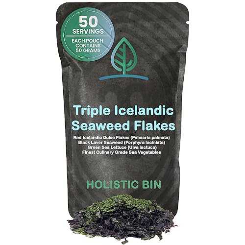 Holistic Bin Triple Icelandic Seaweed Flakes | Wild Harvested in Iceland | Organic Red Atlantic Dulse, Black Nori, & Green Sea Lettuce | Dried Seaweed