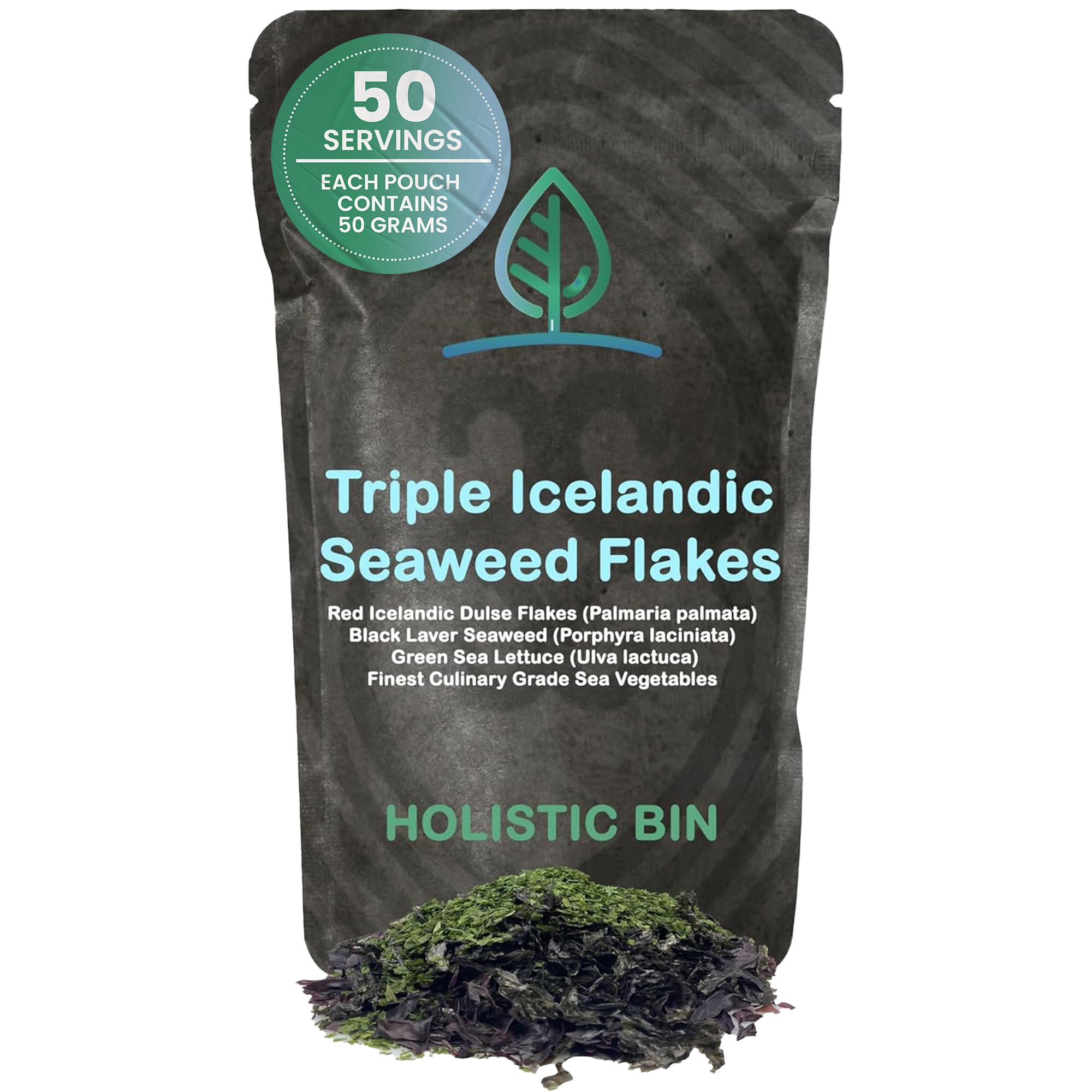 Holistic Bin Triple Icelandic Seaweed Flakes | Wild Harvested in Iceland | Organic Red Atlantic Dulse, Black Nori, & Green Sea Lettuce | Dried Seaweed