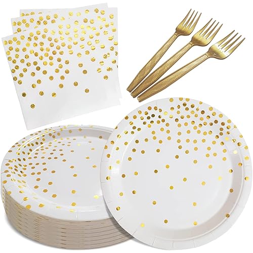 WXLDGHQ White and Gold Paper Plates Napkins Party Supplies,Disposable Gold Dot Paper Dessert Plates,105 PCS Birthday Plates and Napkins Party Supplies