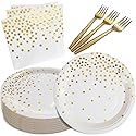WXLDGHQ White and Gold Paper Plates Napkins Party Supplies,Disposable Gold Dot Paper Dessert Plates,105 PCS Birthday Plates and Napkins Party Supplies