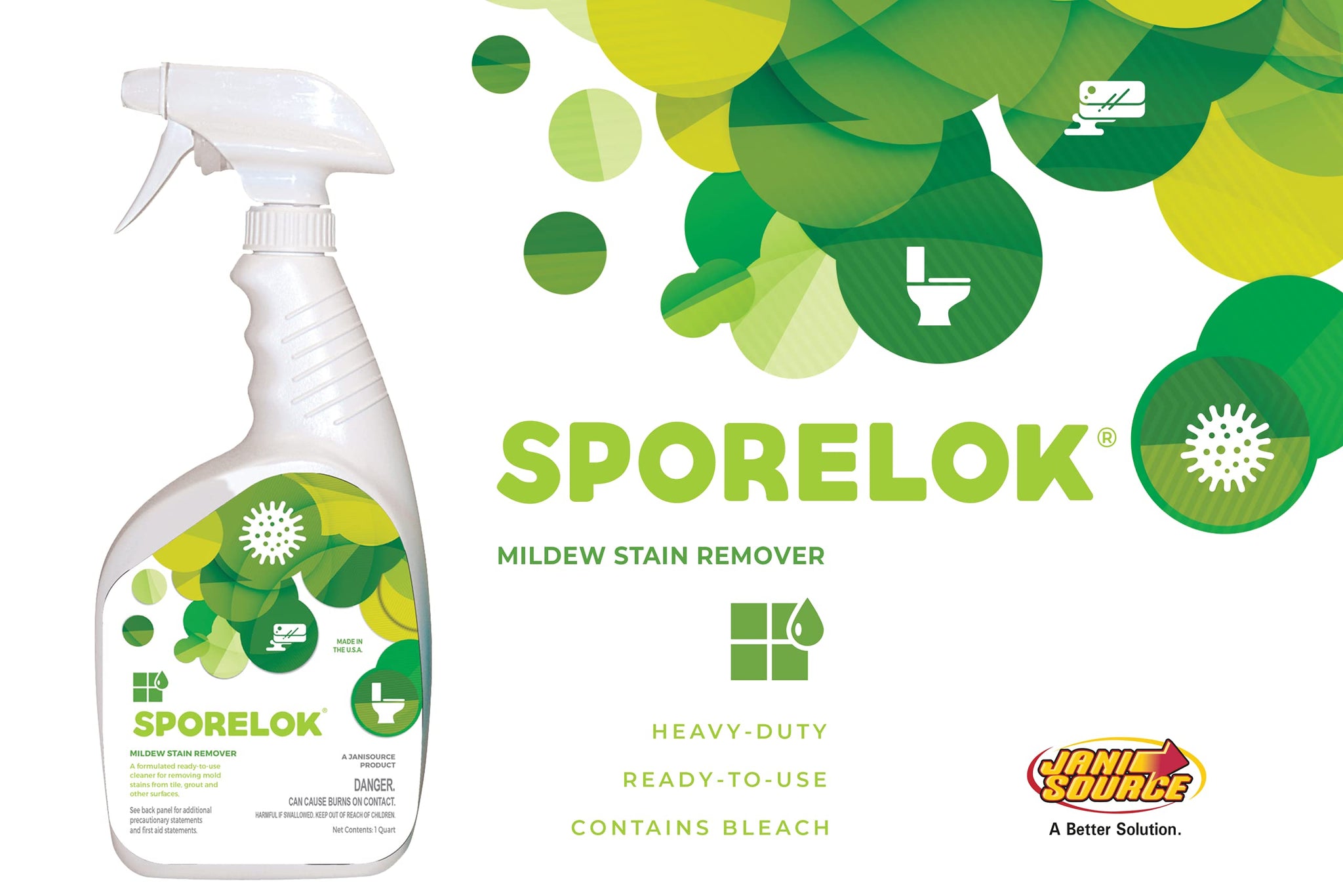 Jani-Source Sporelok Mildew Stain Remover, Heavy Duty, Ready To Use Spray, Fragrance Free 1 Quart (Case of 12)