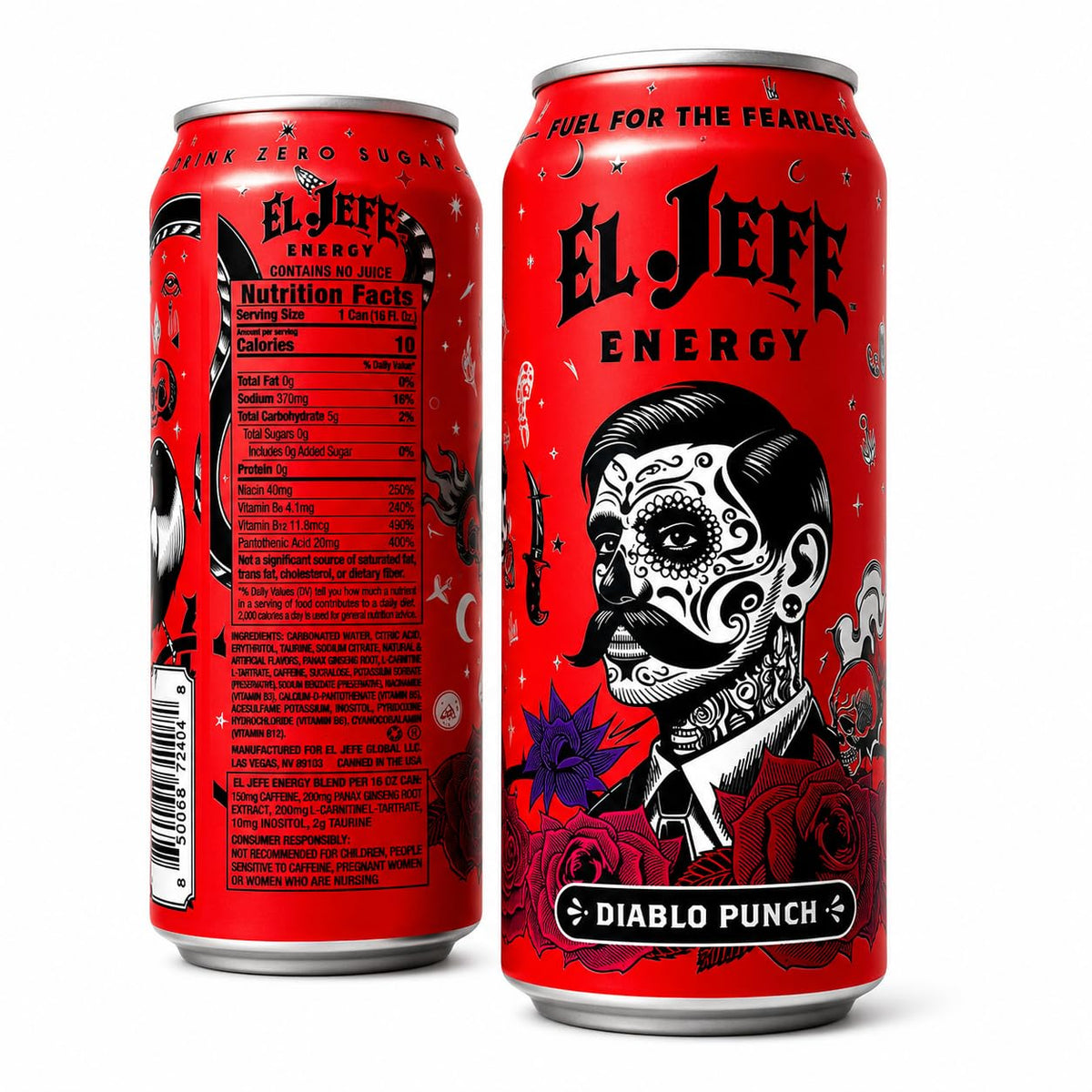 EL JEFE Energy Drink, Diablo Punch, Zero Sugar, 16 fl oz Cans, 12-Pack