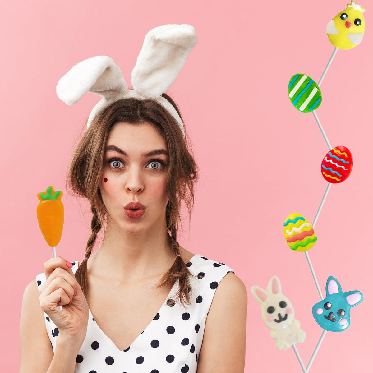 Happy Easter Variety Pack Lollipops Suckers, Colorful Easter Eggs, Yellow Bunny Rabbit, Orange Carrot Designs Fat-Free, Individually Wrapped Easter