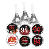 Happy 94th Birthday Party Favor Labels Chocolate Kisses Candy Stickers -94 Years Old Birthday Round Candy Sticker Party Favors - Black and Red - 150