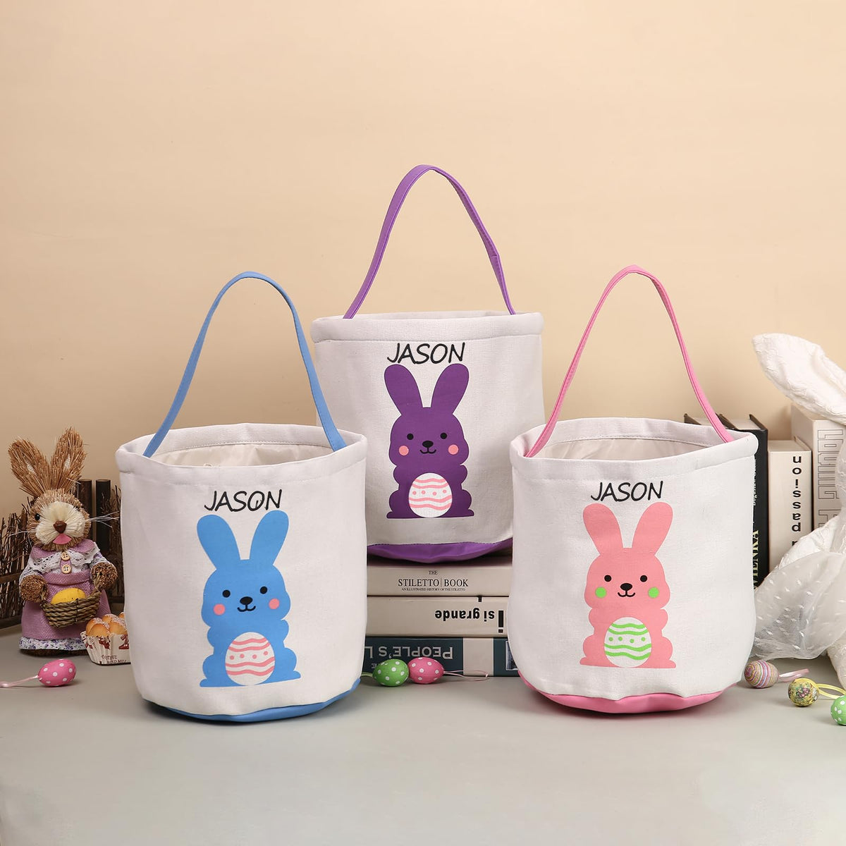 Nobelook Easter Bunny Basket - Personalized Easter Basket for Boys and Girls - Personalized Tote Easter Basket (Style 1)