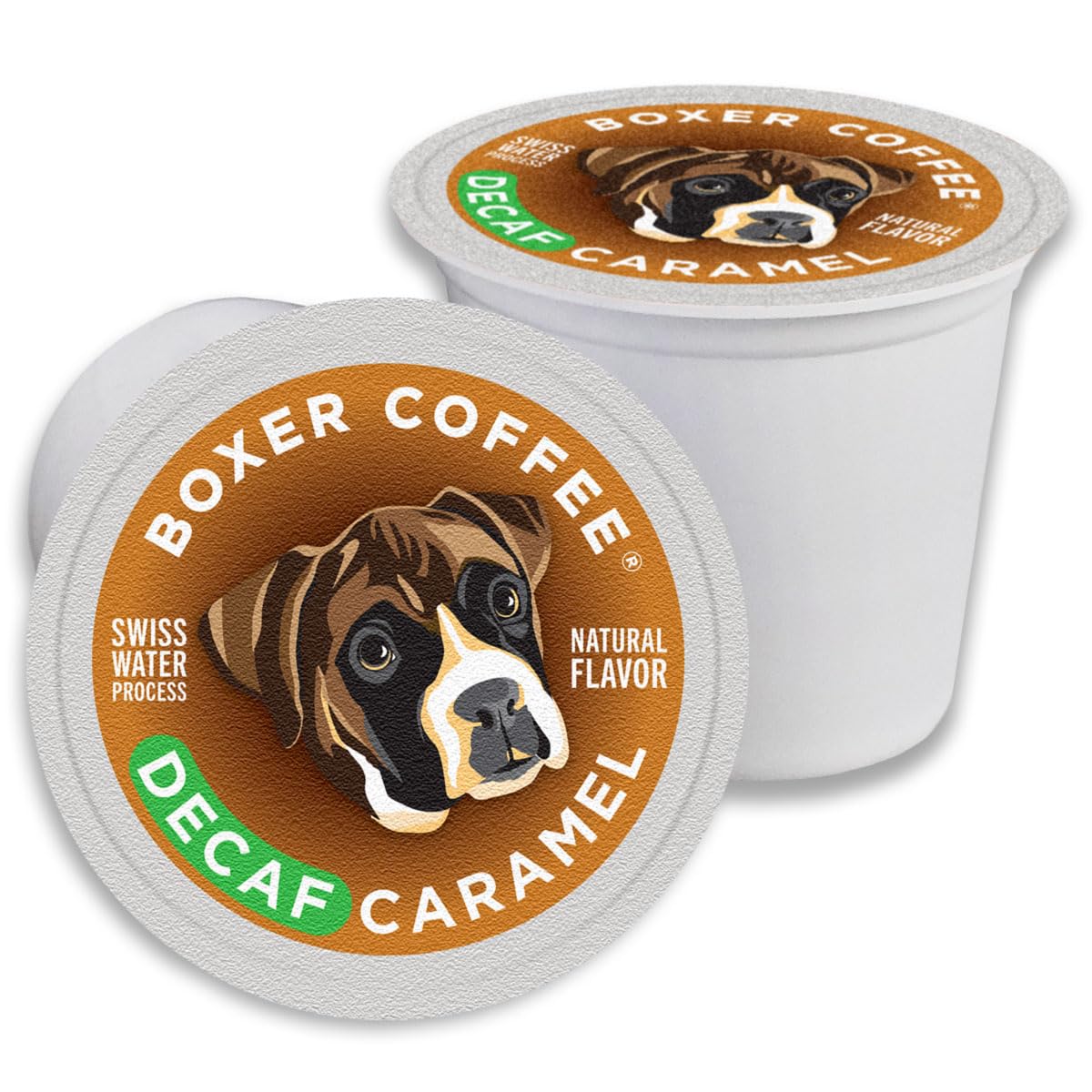 Boxer Coffee Swiss Water Process Decaf Caramel Naturally Flavored Pods compatible with Keurig K-Cup, decaffeinated, 48 count