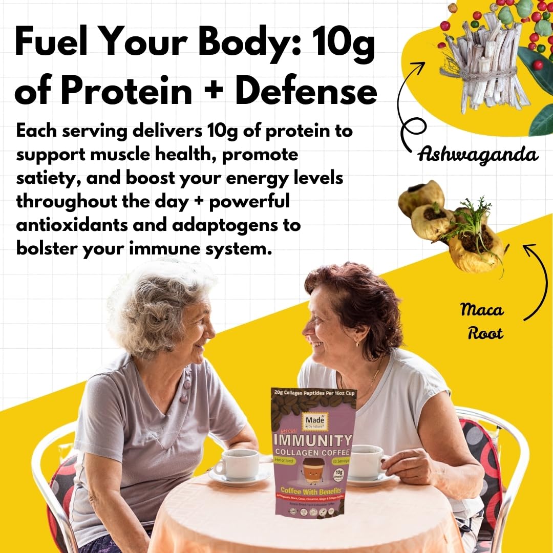 Made by Nature Immunity Collagen Protein Coffee | 30 Servings | Colombian Coffee | 10g Protein | Collagen Peptides | Skin, Joint, Muscle Support |