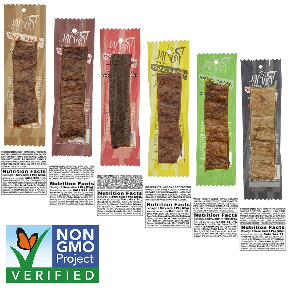 Primal Spirit Vegan Jerky - Sampler Pack, 10g. Plant Based Protein, Certified Non-GMO ("Classics" Thai Peanut, Mesquite Lime, Teriyaki, Hot & Spicy