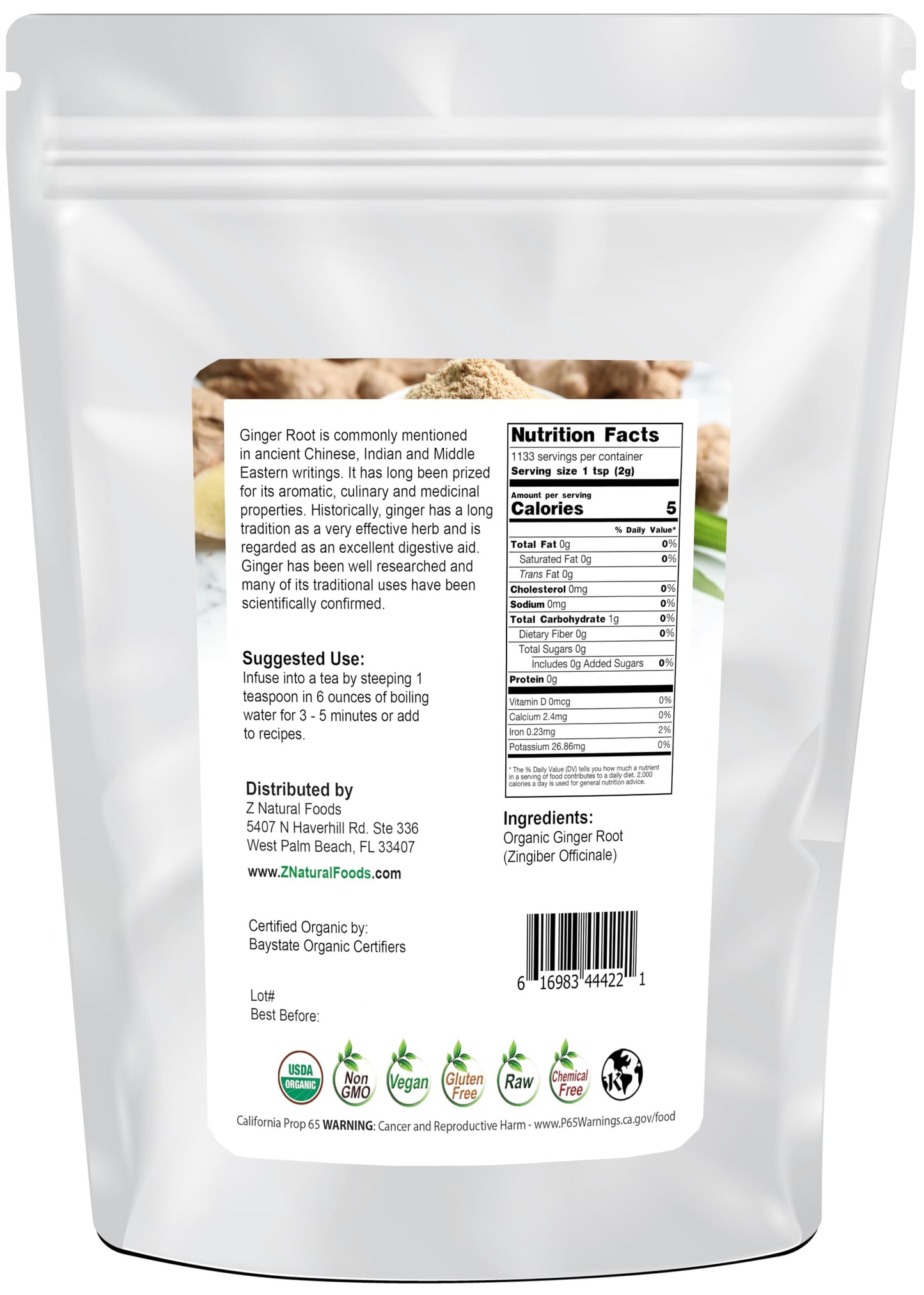 Z Natural Foods Organic Ginger Root Powder - Great for Tea, Juice, Smoothie, Cooking or Baking Recipes - Ground Superfood Spice Supplement - Raw, Non