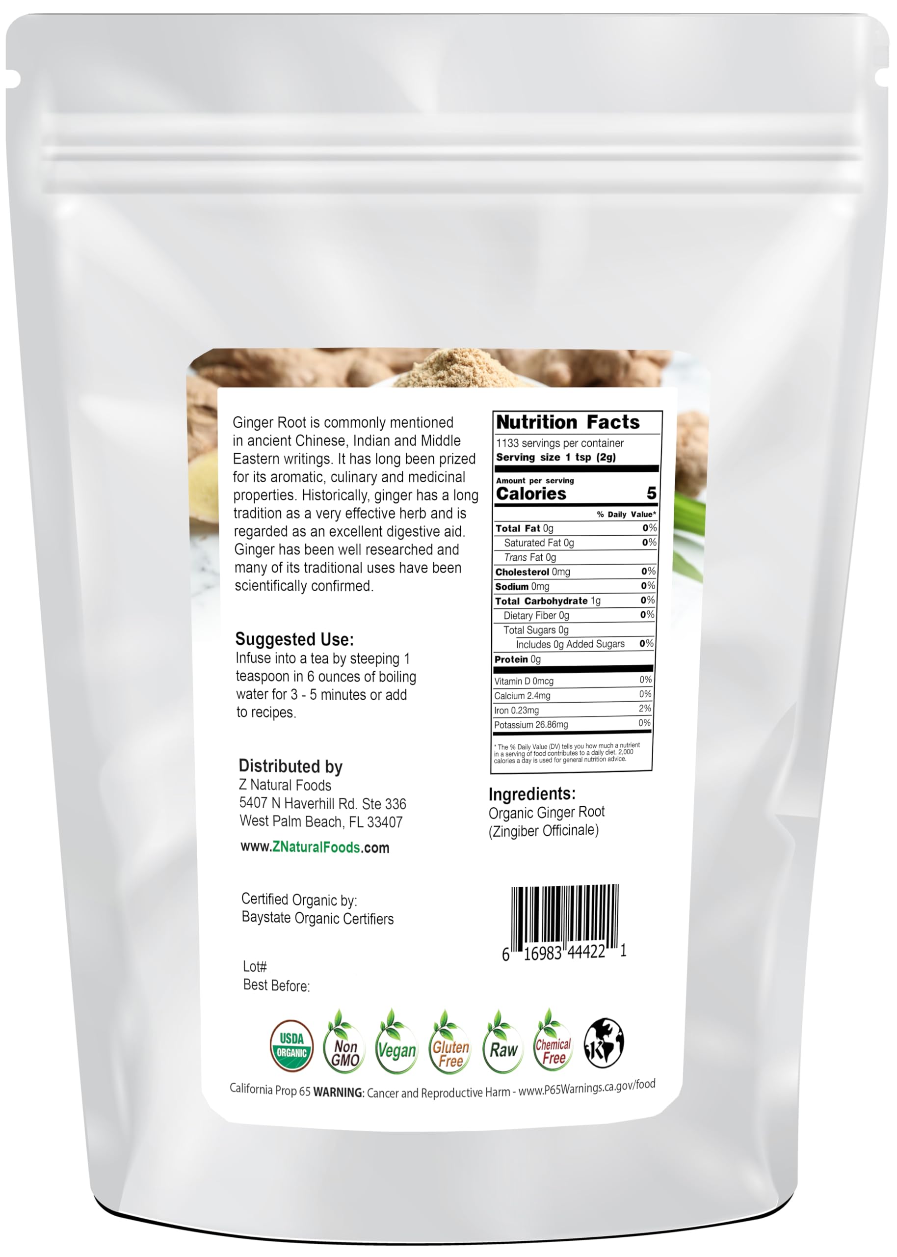 Z Natural Foods Organic Ginger Root Powder - Great for Tea, Juice, Smoothie, Cooking or Baking Recipes - Ground Superfood Spice Supplement - Raw, Non