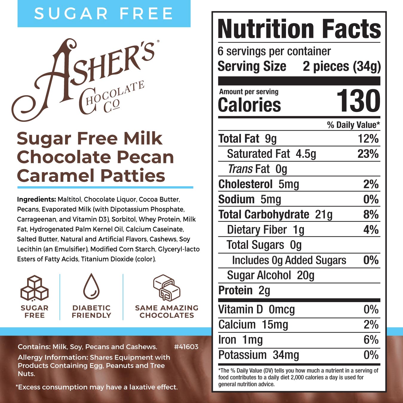 Asher's Chocolates, Sugar Free Pecan Caramel Patties, Milk Chocolate Assorted Keto Caramel Patty, Zero Sugar, Small Batches of Kosher Chocolate