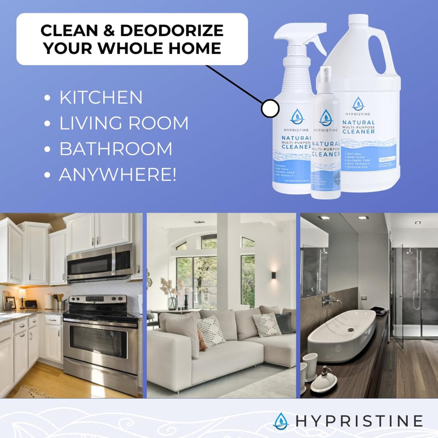 Hypristine Natural Multipurpose Surface Cleaner, 32oz Spray & 2 Pack of 1 Gallon Bottles