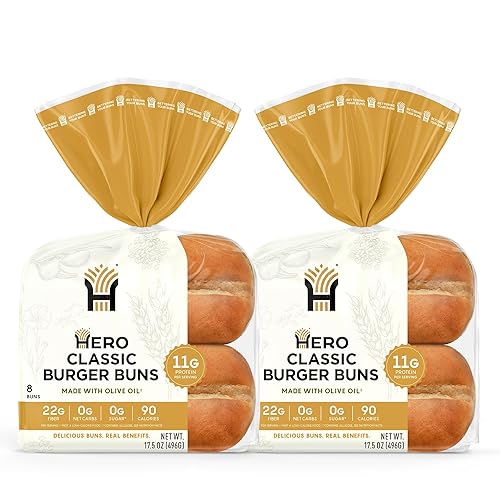 Hero Classic Hamburger Buns - Burger Buns | Net Low Carb Buns | High Fiber, 1g Net Carbs, 0g Sugar & 90 Calories Per Serving Burger Rolls (16 Buns