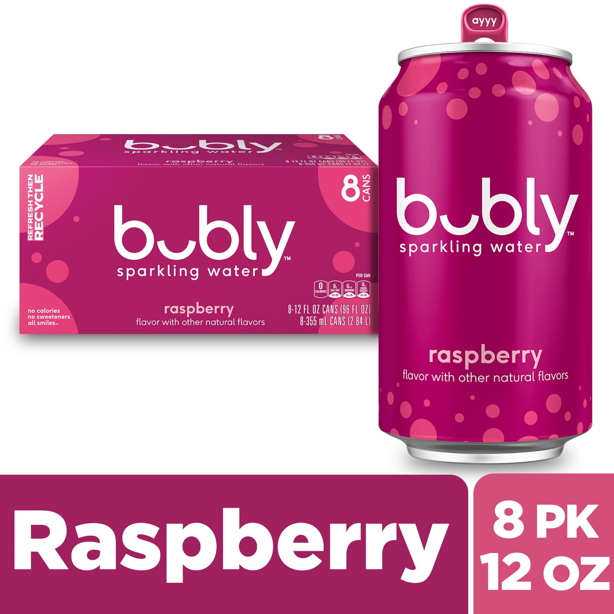bubly Sparkling Water, Raspberry, Zero Sugar & Zero Calories, 12 Fl Oz Cans (Pack of 8)