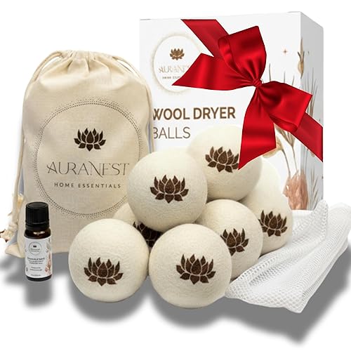AuraNest Premium Quality Wool Dryer Balls Kit - 100% Organic XL Dryer Balls with Essential Oil & Laundry Mesh Bag, Reusable Fabric Softener