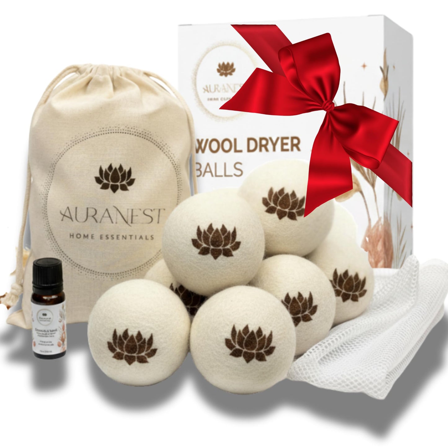 AuraNest Premium Quality Wool Dryer Balls Kit - 100% Organic XL Dryer Balls with Essential Oil & Laundry Mesh Bag, Reusable Fabric Softener