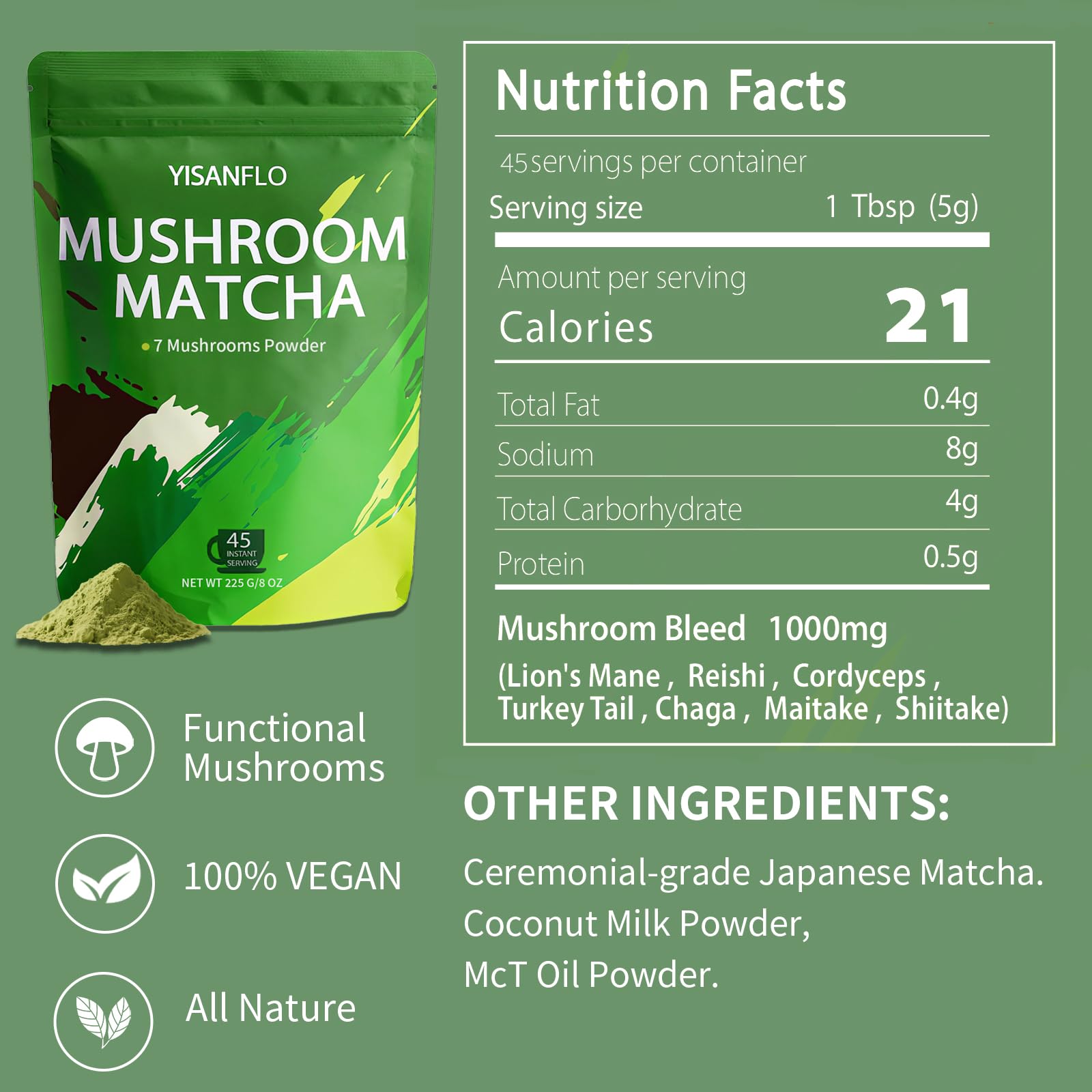 YISANFLO 7-in-1 Mushroom Matcha for Energy, Focus, Digestion, Immunity, Turkey Tail, Shiitake, Lion's Mane, Ceremonial-Grade Matcha Mushroom Powder 8