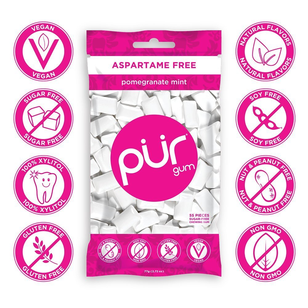 PUR 100% Xylitol Chewing Gum, Sugarless Pomegranate Mint, Sugar Free + Aspartame Free + Gluten Free, Vegan & Keto Friendly - Low Carb, Simply Pure