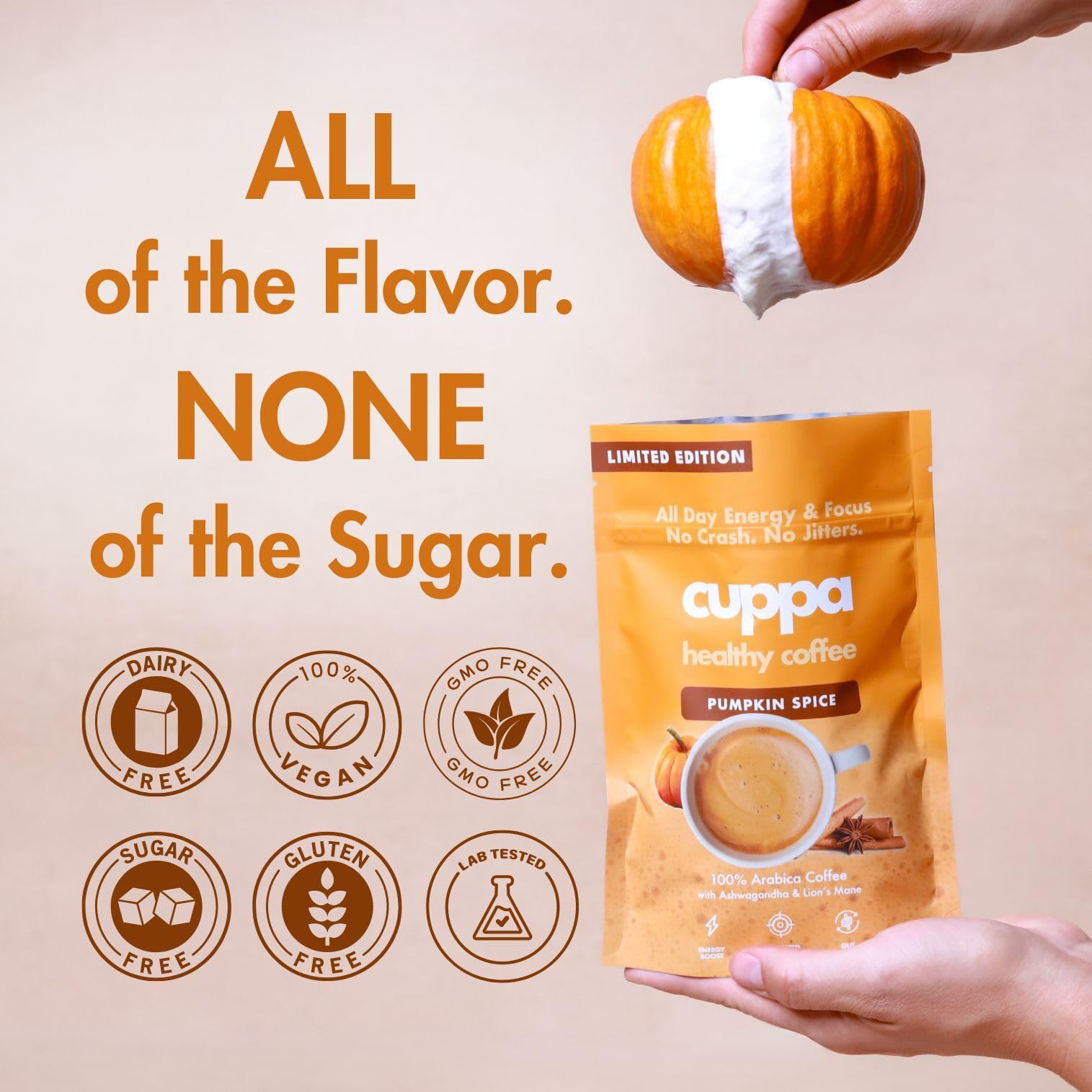 Cuppa Pumpkin Spice Mushroom Coffee with Adaptogens & Superfoods - Lion’s Mane, Ashwagandha & Cordyceps. Adaptogens + MCT to support natural energy