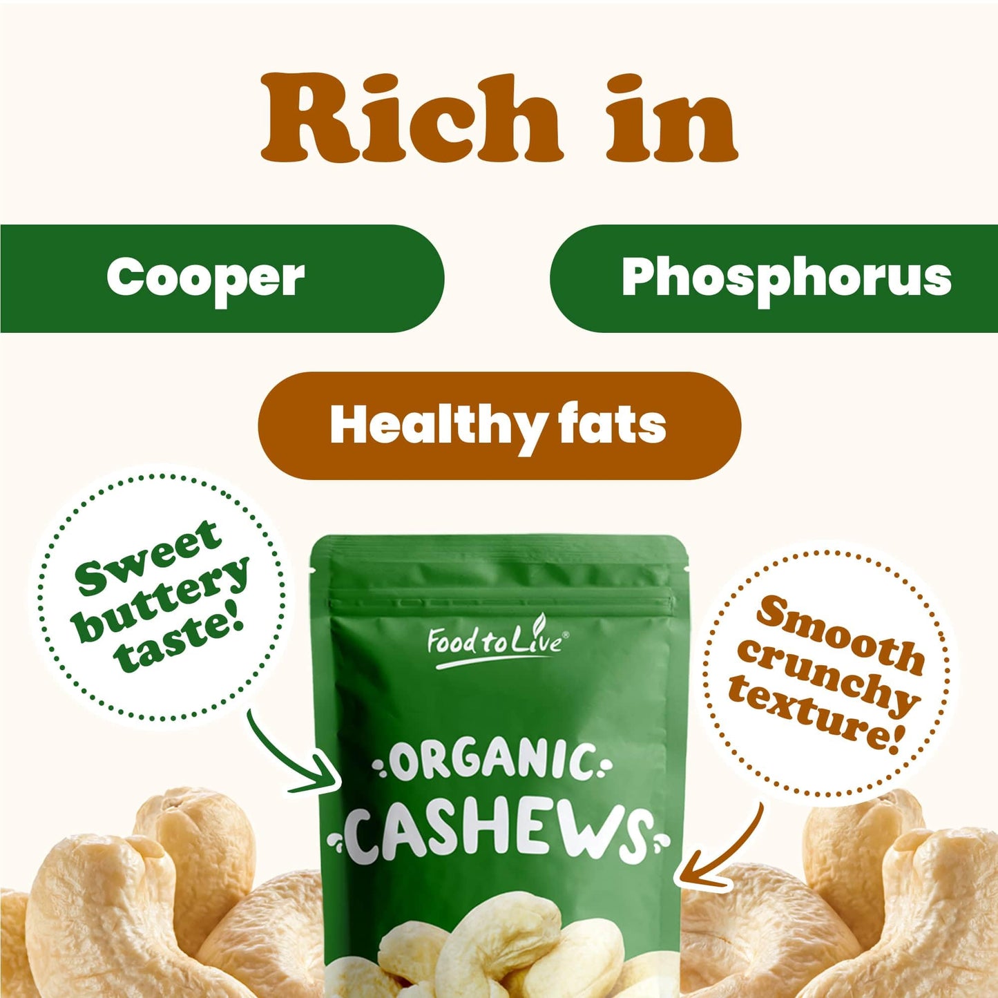 Food to Live - Organic Cashews, 8 Ounces Whole, Unsalted, Non-GMO, Kosher, Raw, Vegan, Bulk