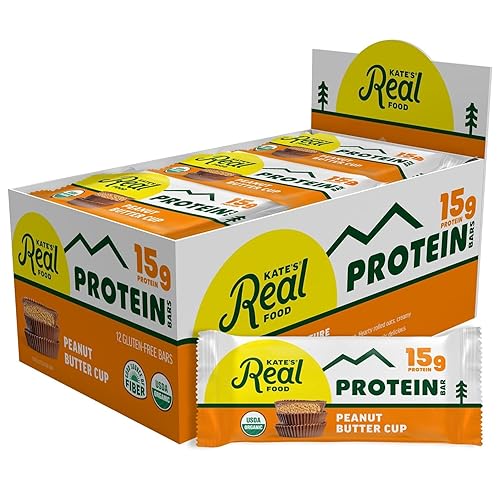 Kate’s Real Food Organic Protein Bars - (Peanut Butter Cup, 2.2 oz, Pack of 12) - Plant Based Protein Bars - Gluten Free, Soy Free, Non GMO, Whole
