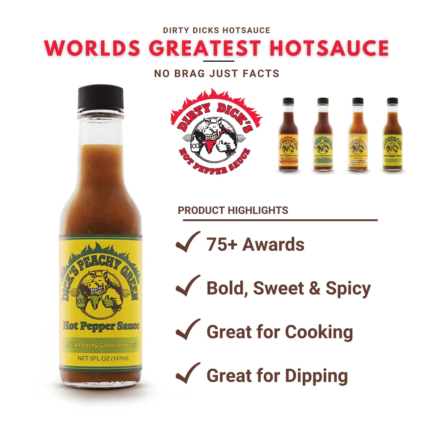 Dirty Dicks Peachy Green Hot Sauce, 5 Fl Oz - A Flavorful Blend of Peppers, Peaches, and Exotic Spices (Pack of 1)