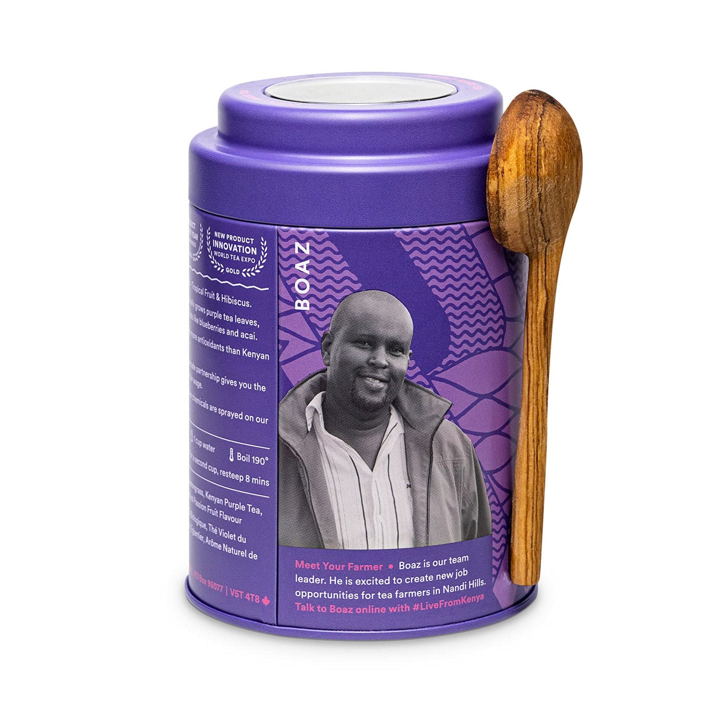 JusTea PURPLE RAIN | Loose Leaf Purple Tea | Tin with Hand Carved Tea Spoon | 40+ Cups (2.8oz) | Very Low Caffeine | Award-Winning | Fair Trade |