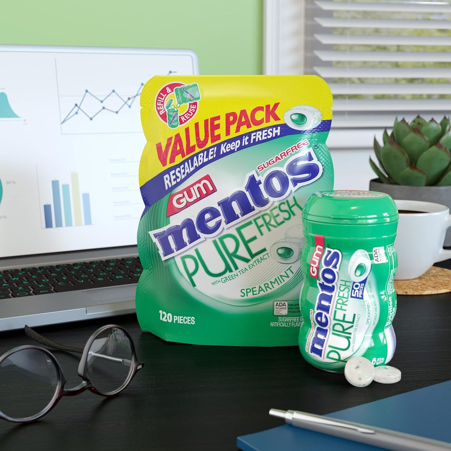 Mentos Pure Fresh Sugar-Free Chewing Gum with Xylitol, Spearmint, 120 Piece Bulk Resealable Bag (Pack of 1)