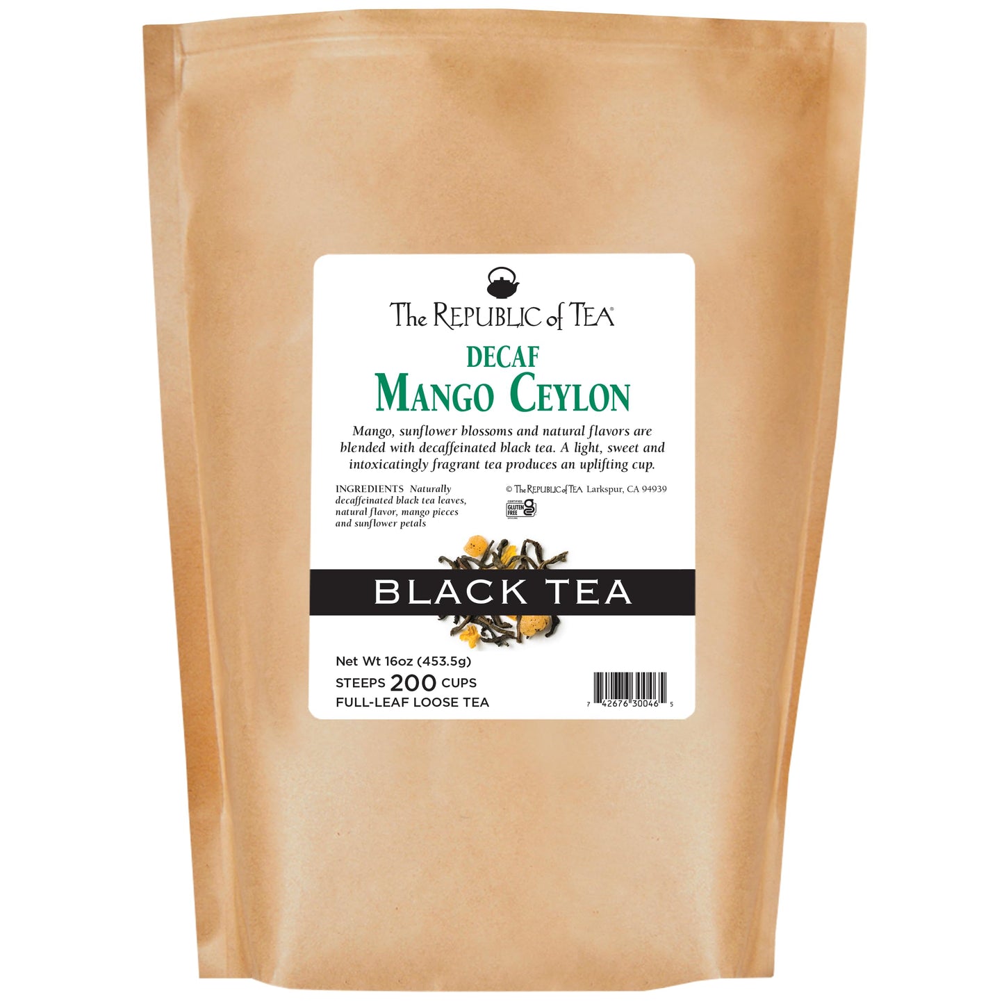 The Republic of Tea Decaf Mango Ceylon Black Full-Leaf Loose Tea 1 lb Bulk Bag | Steeps 200 Cups