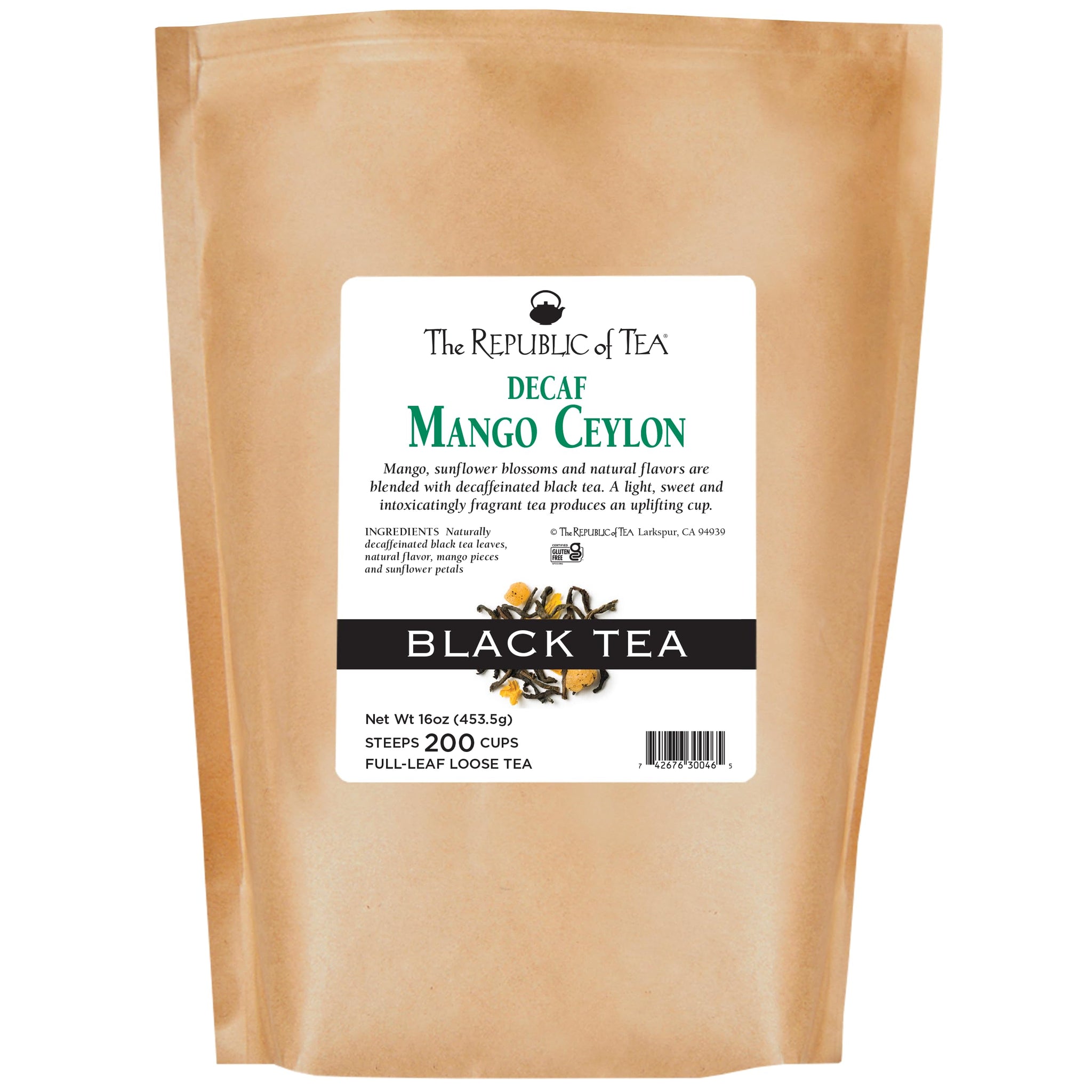 The Republic of Tea Decaf Mango Ceylon Black Full-Leaf Loose Tea 1 lb Bulk Bag | Steeps 200 Cups