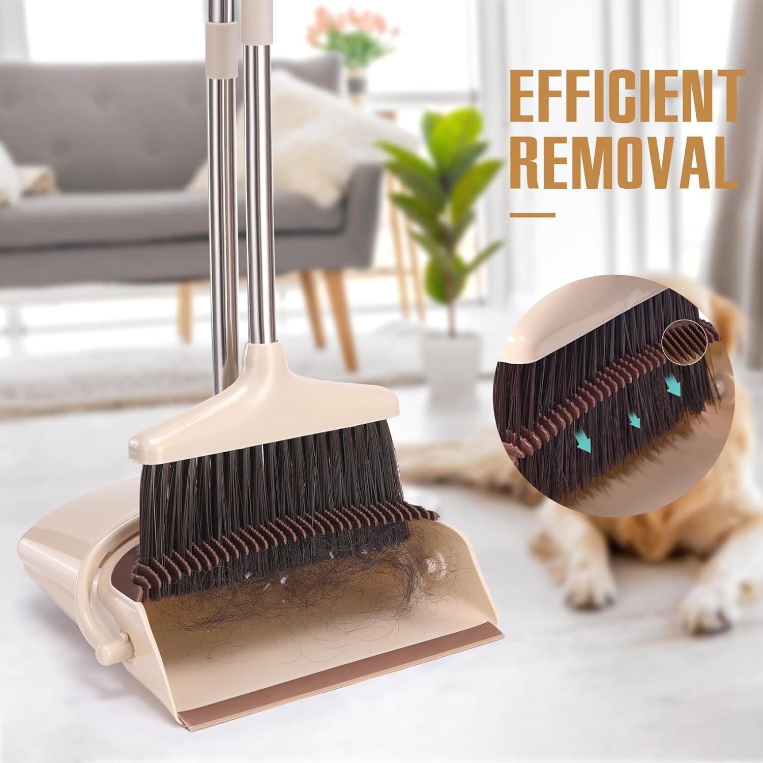 XXFLOWER Broom and Dustpan Set with Long Handle, Light Weight Stainless Steel Poles Stand Upright Dustpans with Broom Combo for Home Kitchen Office