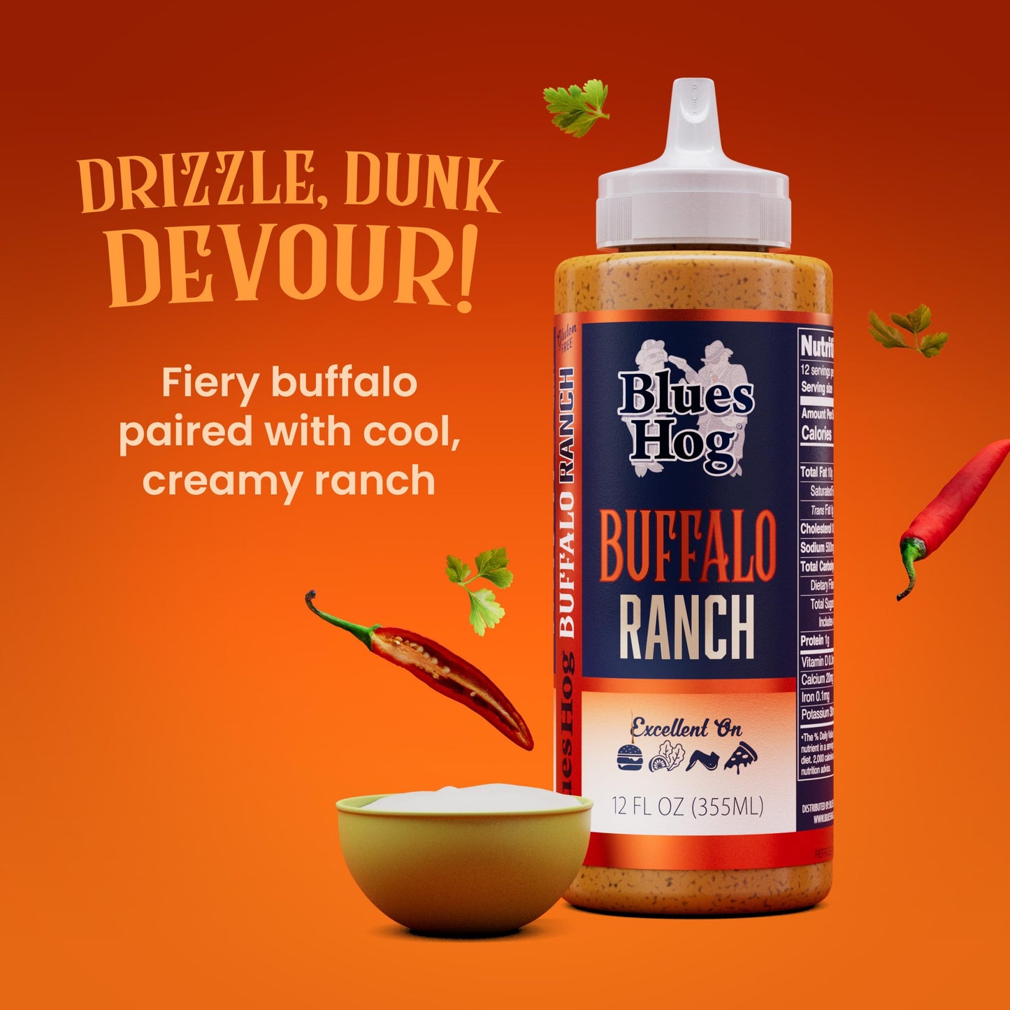 Blues Hog Buffalo Ranch Sauce, Creamy Wing & Dipping Sauce, All-Natural, Gluten-Free, No High Fructose Corn Syrup, Made in the USA, 12 oz