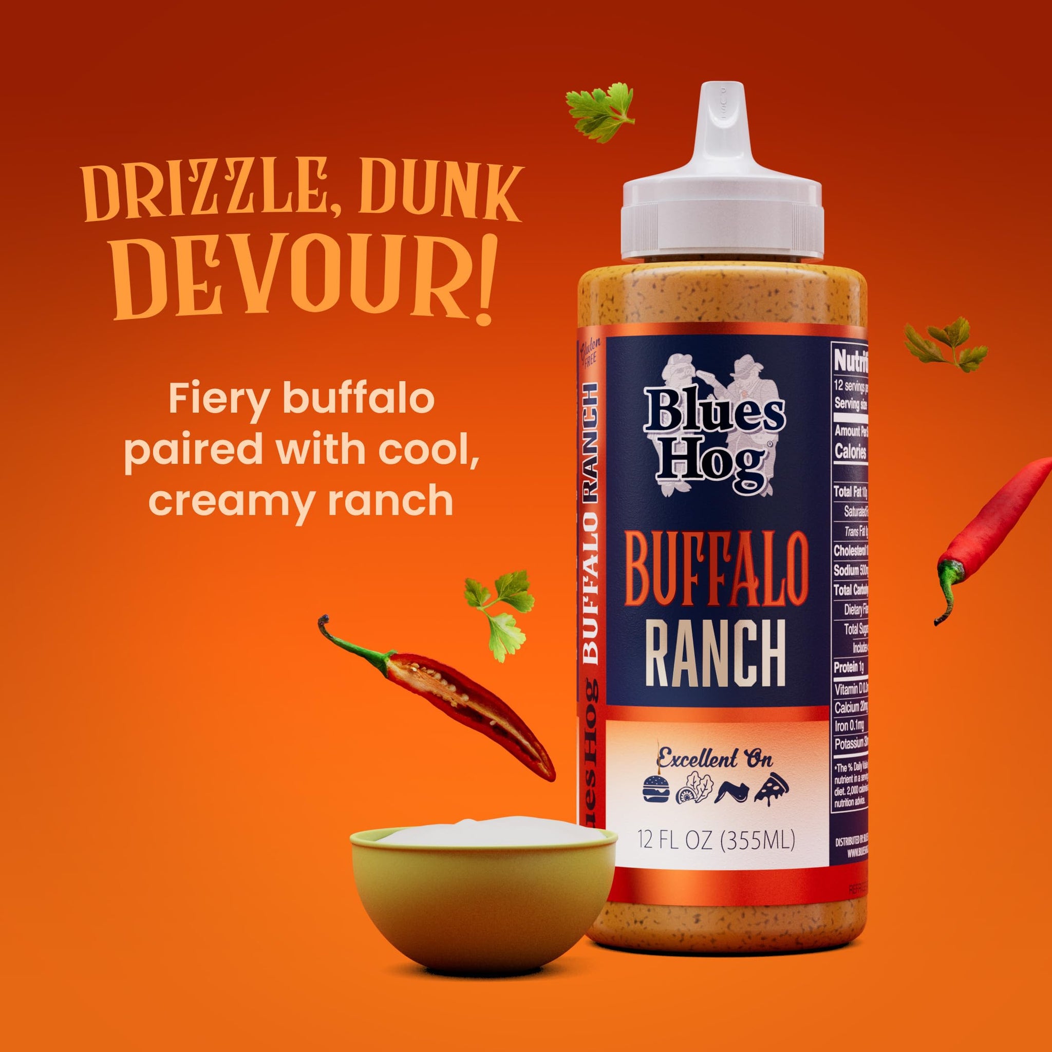 Blues Hog Buffalo Ranch Sauce, Creamy Wing & Dipping Sauce, All-Natural, Gluten-Free, No High Fructose Corn Syrup, Made in the USA, 12 oz