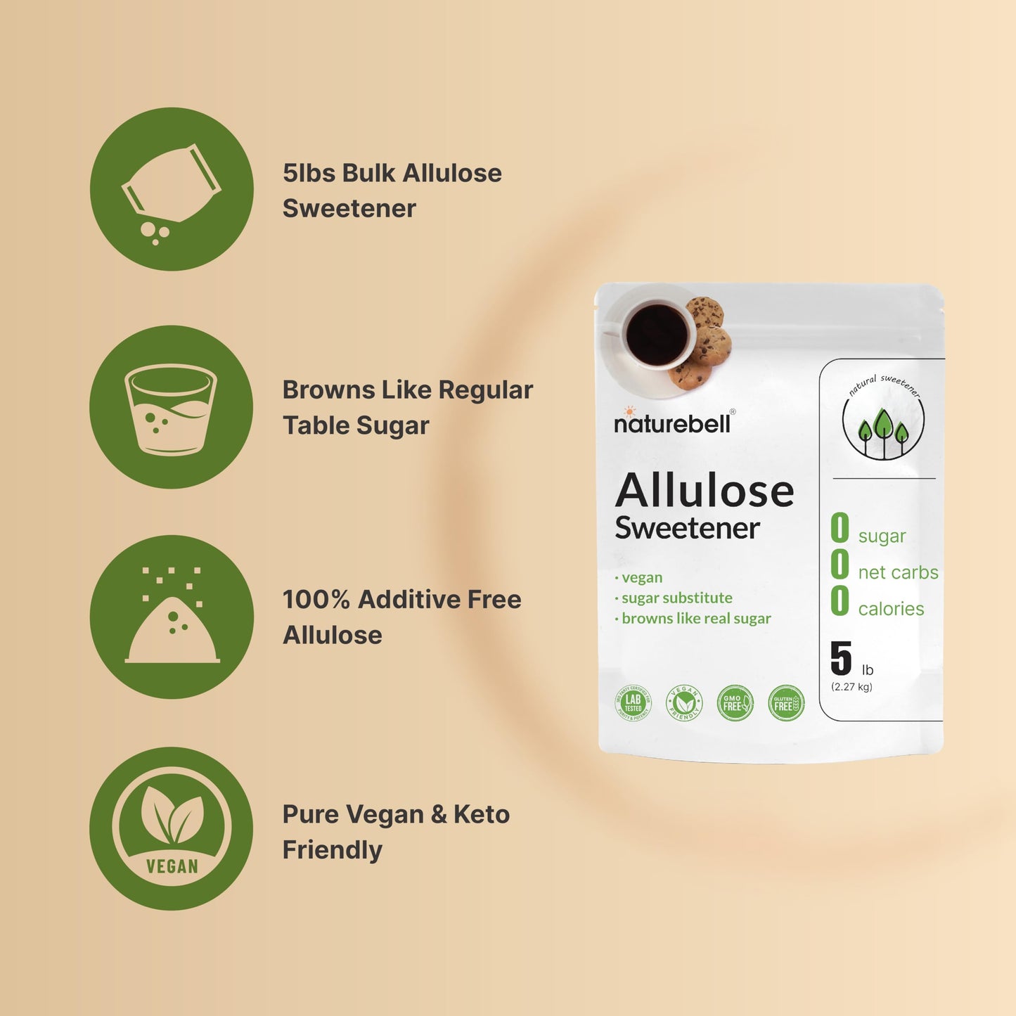 NatureBell Allulose Sweetener, 5 Lbs | Keto & Vegan-Friendly, White Sugar Substitute | 0 Calorie, 0 Sugar, 0 Net Carb, Non-Glycemic, Browns Like Table Sugar | Bulk Supply for Baking & Beverages