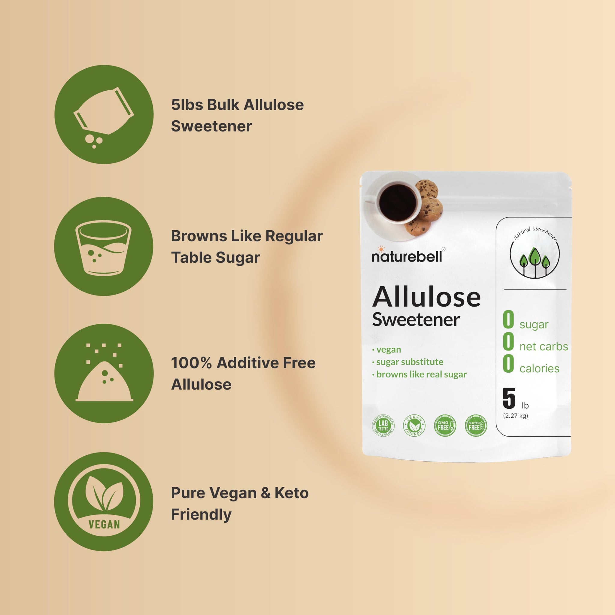 NatureBell Allulose Sweetener, 5 Lbs | Keto & Vegan-Friendly, White Sugar Substitute | 0 Calorie, 0 Sugar, 0 Net Carb, Non-Glycemic, Browns Like Table Sugar | Bulk Supply for Baking & Beverages