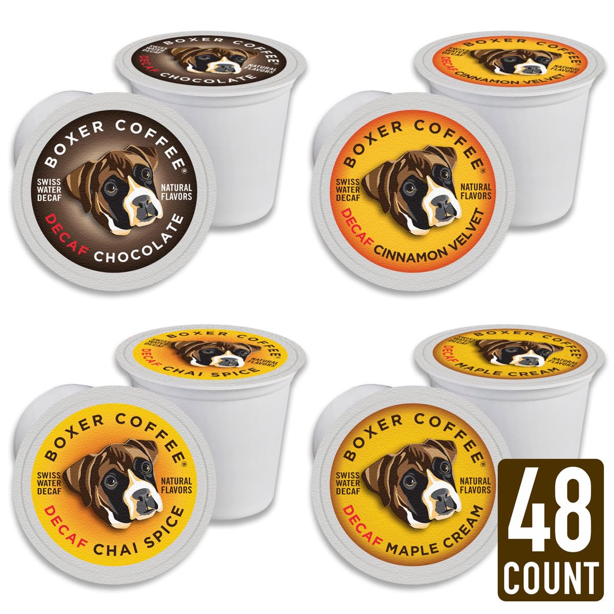 Boxer Coffee 48 Count Decaf Coffee Pods - Swiss Water Process, Medium Roast Variety Pack, Compatible with Keurig K-Cup Brewers, Single-Serve Cups