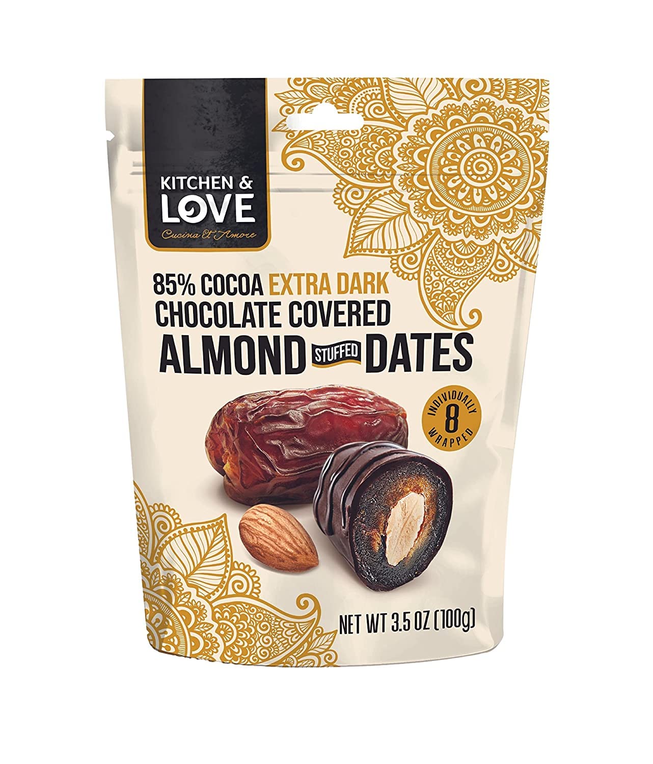 Kitchen & Love Chocolate Covered Almond Stuffed Dates in a Convenient Resealable Pouch, 8 Individually Wrapped Pieces, 85% Extra Dark Chocolate
