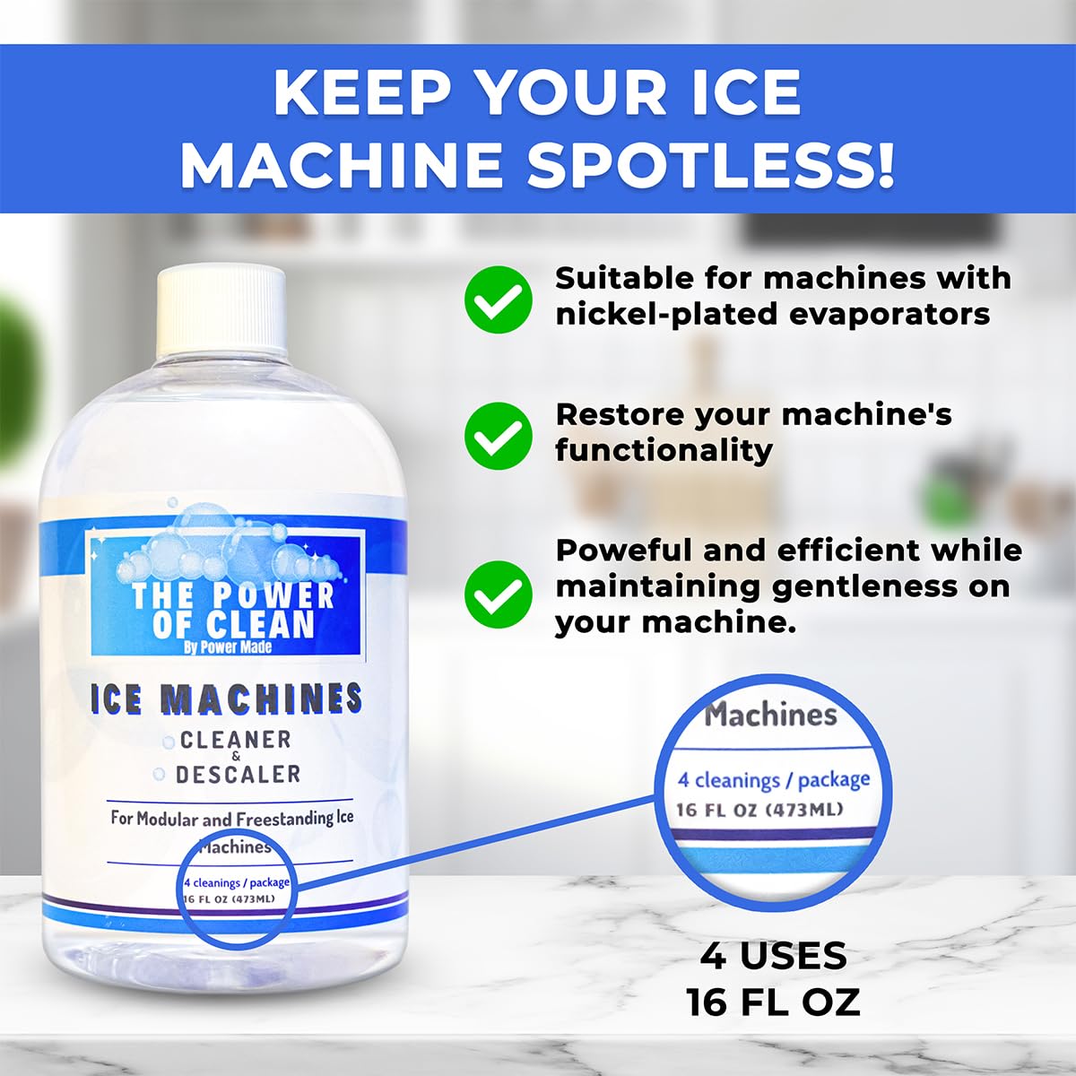 Power Made Ice Machine Cleaner & Descaler 16 fl oz 4 Uses | Nickel Safe Ice Maker Cleaner, Crystal Clear Descaling solution | Compatible