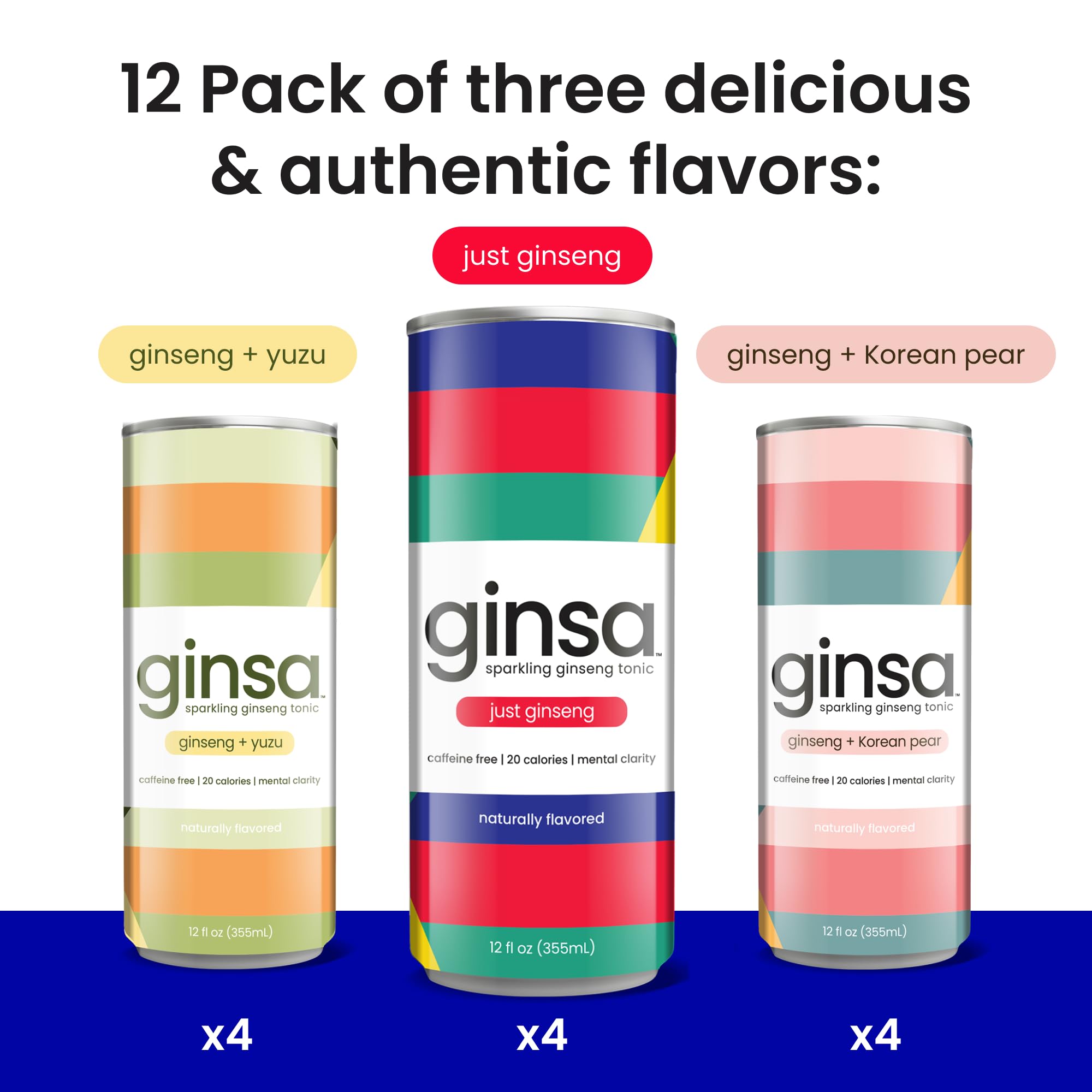 ginsa Sparkling Ginseng Energy Drink with Korean Red Ginseng | Natural Energy Booster | Non-GMO, Supports Focus & Clarity with Pure Ginseng Root, No