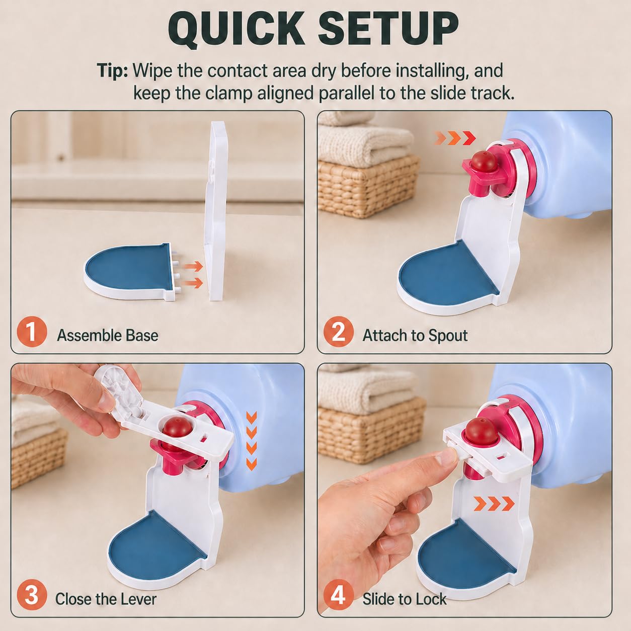 Laundry Detergent Cup Holder & Fabric Softener Drip Catcher, Easy-Press Lever with Secure Spout Clamp, Removable Drip Tray & Non-Slip Pad, Helps