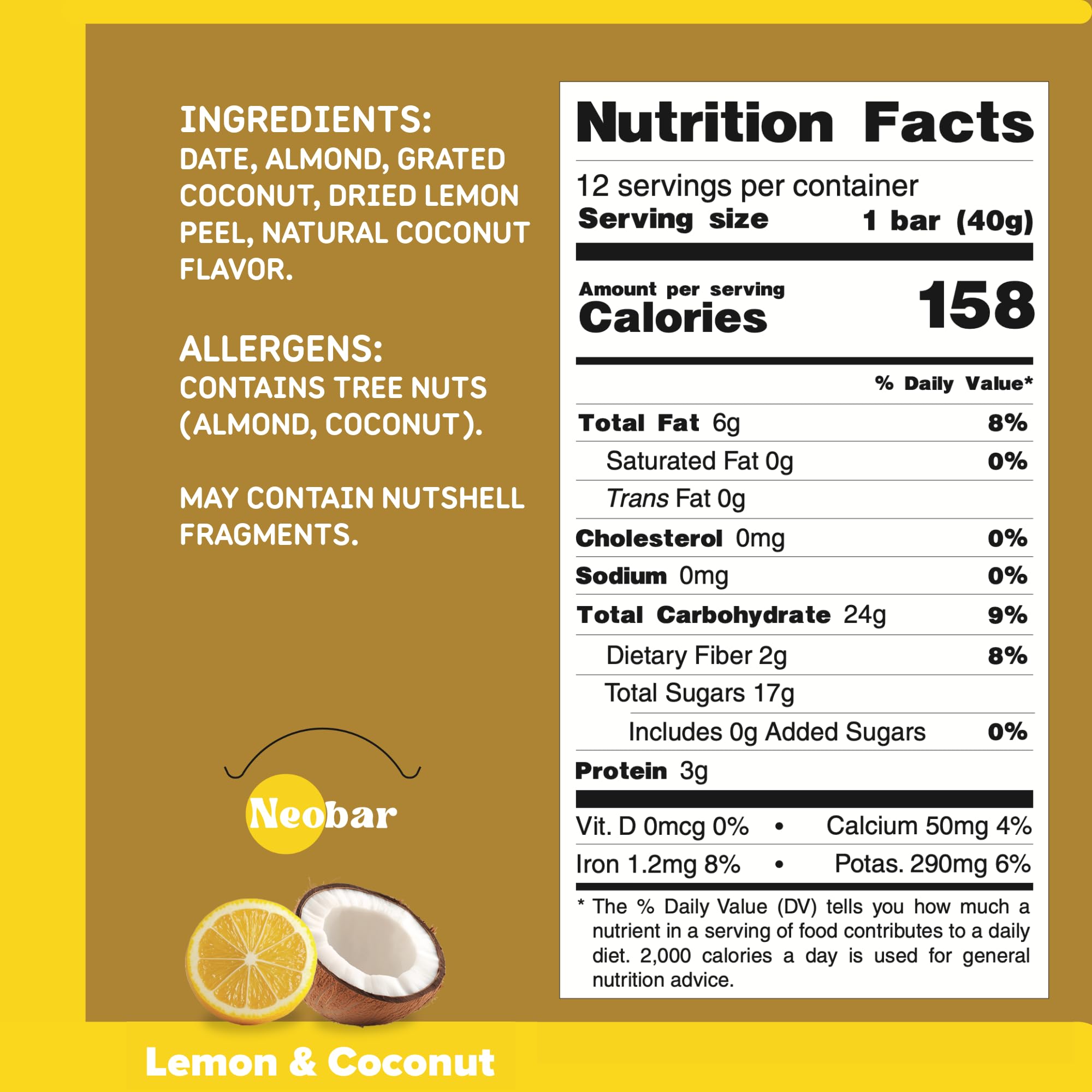 NEOBAR Lemon Coconut Plant-Based Vegan Snack Bars, Gluten Free Dairy Free Snacks, No Added Sugar, No Preservatives, Non-GMO | 12 Count