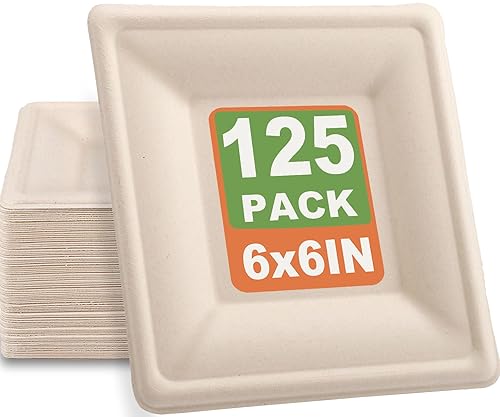 Bgtecho 125 Pack Compostable Square Plates,6 Inch Disposable Paper Plate,Heavy Duty Square Paper Plates,Biodegradable Bagasse Plate for Party Picnic