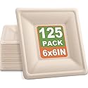 Bgtecho 125 Pack Compostable Square Plates,6 Inch Disposable Paper Plate,Heavy Duty Square Paper Plates,Biodegradable Bagasse Plate for Party Picnic