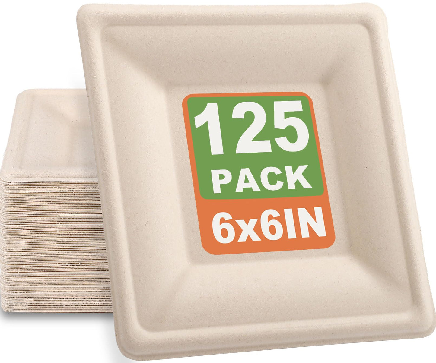 Bgtecho 125 Pack Compostable Square Plates,6 Inch Disposable Paper Plate,Heavy Duty Square Paper Plates,Biodegradable Bagasse Plate for Party Picnic